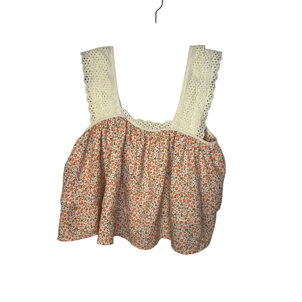 Lush Floral Crop Top Square Neck Eyelet Strap Cottagecore Blouse‎ Small